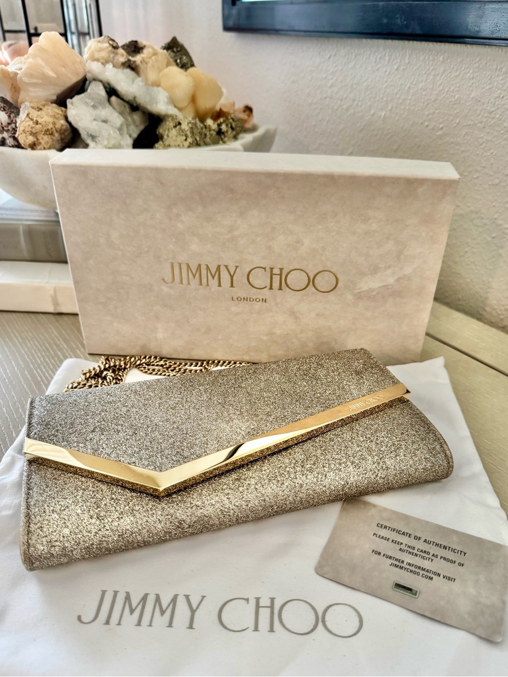 Jimmy Choo Metallic Glitter Envelope Clutch Gold-Tone Chain & Box